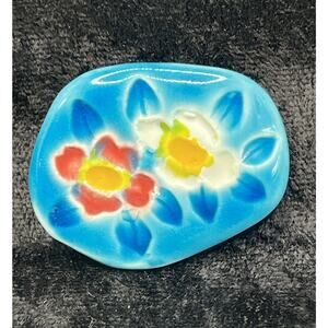 Ceramic Hand Painted Flower Floral Pin Brooch 1 3/4” Hand Made Artisan